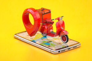 fast online express delivery concept red scooter with delivery bag pin screen smartphone